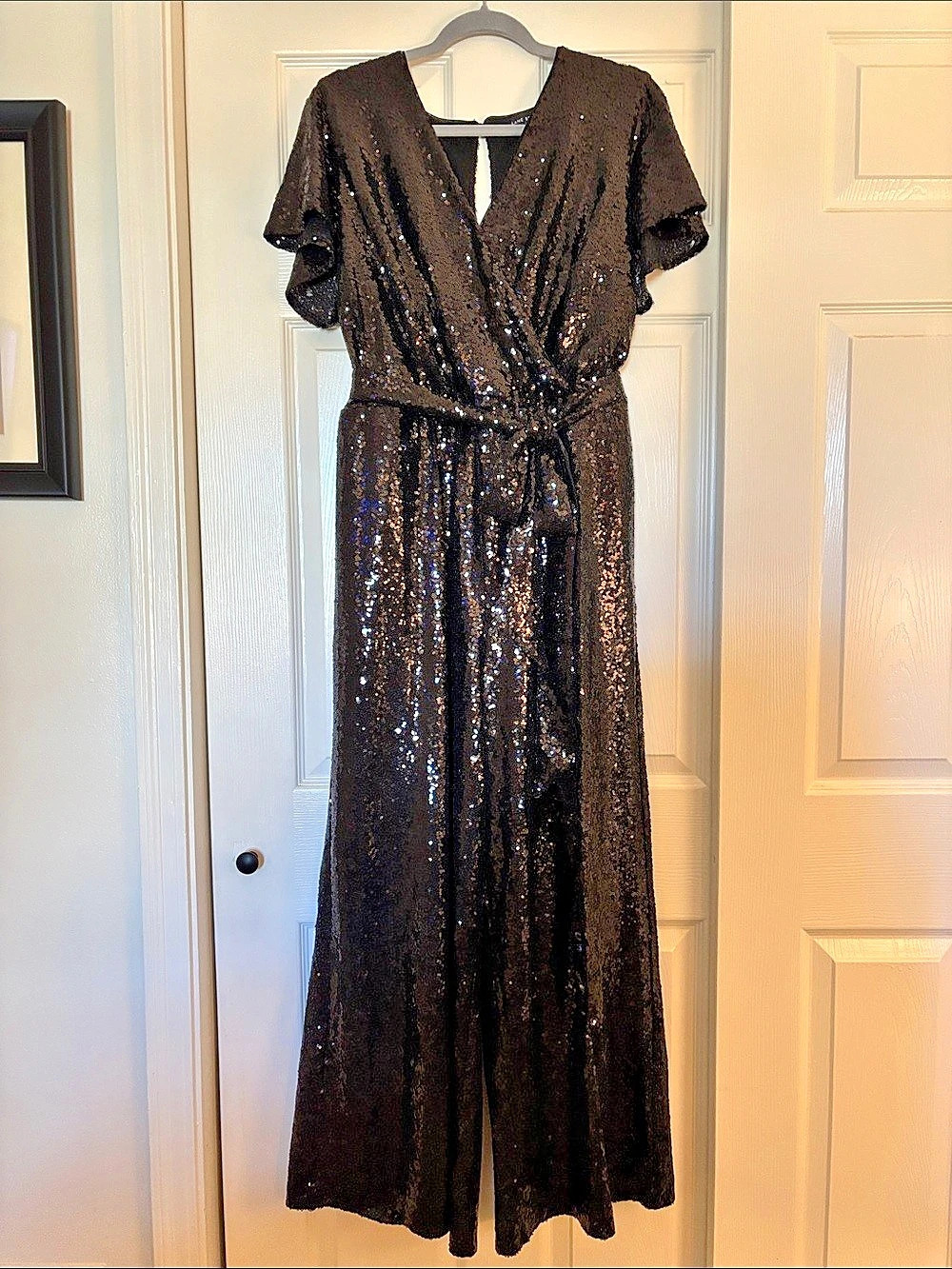 Lane Bryant Sequin Faux Wrap Flutter-Sleeve Wide Leg Jumpsuit Black Size 14/1